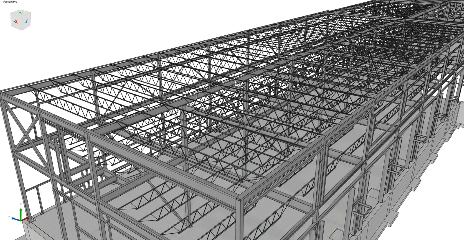 Close-up of the steel roof framing — steel joist girders carrying steel joists.