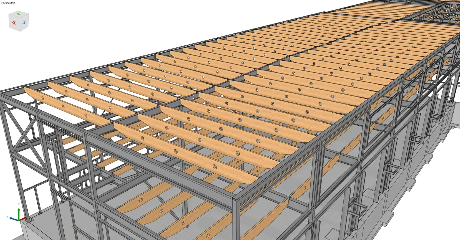 Close-up of the roof framing after Timber Conversion — the steel joists replaced with mass-timber joists on the existing steel girders.