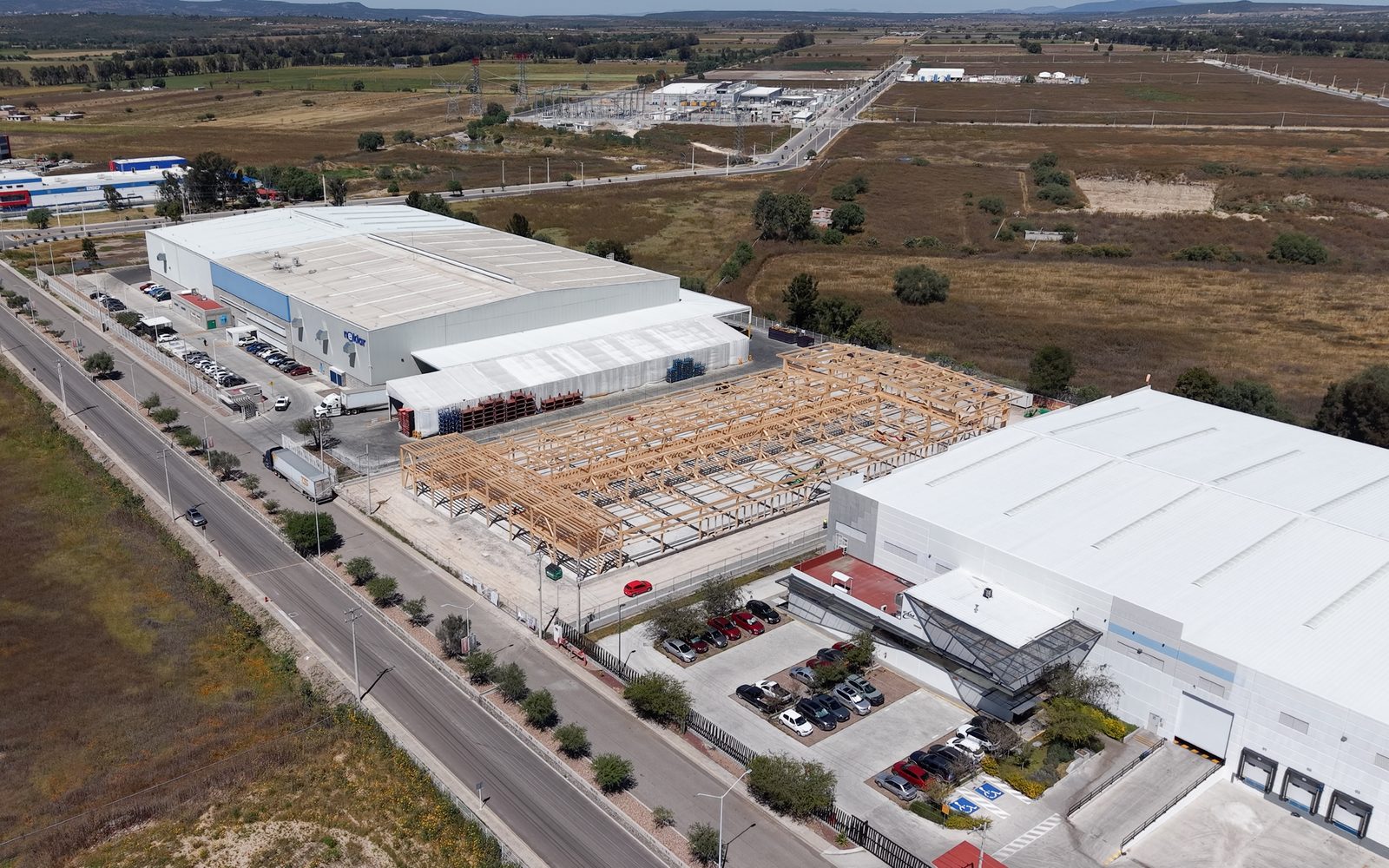 Aerial view of an industrial timber project site